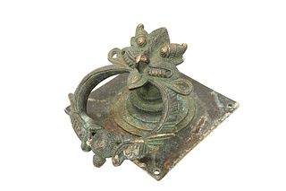 A LARGE CHINESE BRONZE TEMPLE DOOR KNOCKER, 18th or 19th Century, with mask