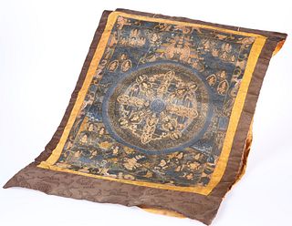 A TIBETAN PAINTED THANGKA, 19th or early 20th Century, silk, centred by a r