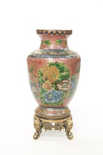 A CHINESE PLIQUE A JOUR ENAMEL VASE, of hipped baluster form, decorated wit