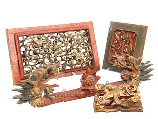 A LARGE COLLECTION OF CHINESE PAINTED AND GILDED TEMPLE CARVINGS, largely 1