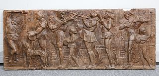 A RELIEF MOULDED COMPOSITION PLAQUE, depicting Medieval musicians. 124cm by
