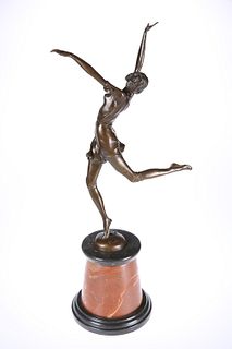 AN ART DECO STYLE BRONZE FIGURE OF A DANCER, cast with arms outstretched an