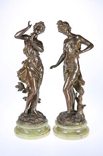 AFTER CHARLES LEVY, A PAIR OF PATINATED BRONZE FIGURES OF MAIDENS, CIRCA 19
