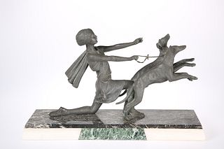 AN ART DECO SPELTER GROUP, cast as a stylised young lady holding back two r
