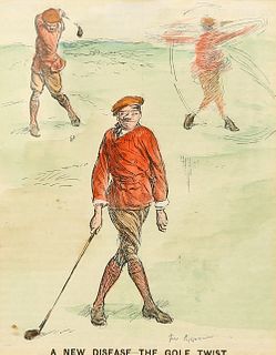 A GROUP OF FIVE HAND-COLOURED GOLFING CARTOONS, including after Frank Reyno