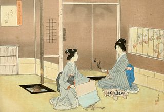A PAIR OF JAPANESE WOODCUTS, each depicting two geishas, signed, framed. Im