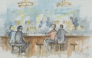 BEN MAILE (1922-2017), FIGURES AT THE BAR, signed lower right, watercolour 
