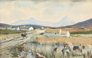 IRISH SCHOOL (20TH CENTURY), LANDSCAPE WITH BOY AND DONKEY ON A TRACK, sign