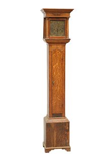 A SMALL OAK EIGHT-DAY LONGCASE CLOCK, the 7 1/2-inch square brass dial with