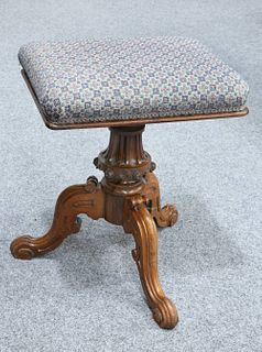 A VICTORIAN ROSEWOOD RISE AND FALL PIANO STOOL, the rectangular upholstered