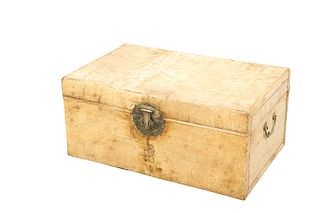 A CHINESE VELLUM TRUNK, 20TH CENTURY,?clad in vellum with calligraphy stamp