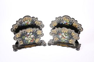 A PAIR OF VICTORIAN PAPIER-MACHE DESK STANDS, each painted and gilded with 