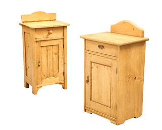 TWO STRIPPED PINE BEDSIDE CUPBOARDS, each with drawer over a cupboard door.