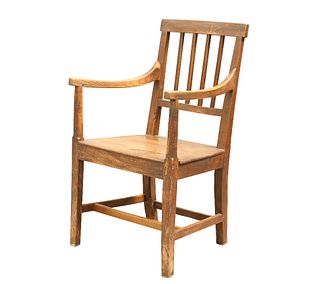 A GEORGIAN ELM COUNTRY OPEN ARMCHAIR, with four bar back and boarded seat.
