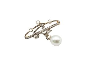 A CULTURED PEARL AND DIAMOND BROOCH Of sinuous foliate design, set with ro