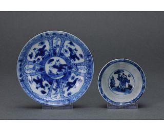CHINESE QING BLUE AND WHITE PORCELAIN TEA CUP AND PLATE