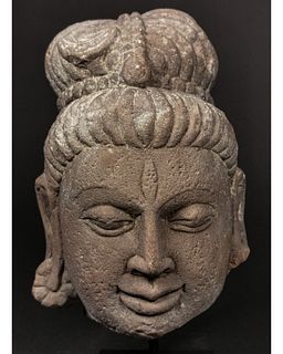 INDIAN MEDIEVAL STONE HEAD OF BUDDHA