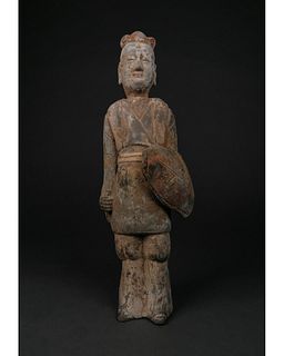 NORTHERN QI DYNASTY TERRACOTTA WARRIOR WITH SHIELD