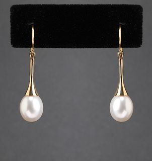 14K Yellow Gold Fluted Pearl Drop Earrings