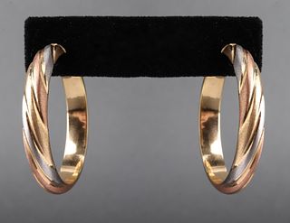 14K Tri-Gold Satin Finish Hollow Hoop Earrings