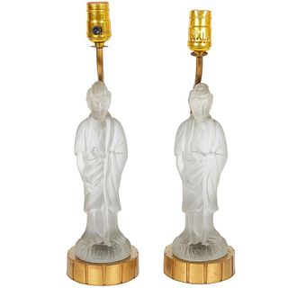 Hollywood Regency Satin Glass Guanyin Lamps, Pr