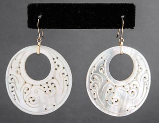 14K Yellow Gold Carved Mother-Of-Pearl Earrings