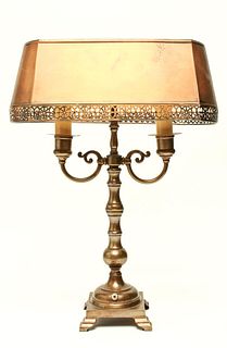 Bronze 2-Arm Bouillotte Lamp w Metal Shade, 1920s