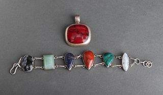 Silver Colored Stone Bracelet & Pendant, 2