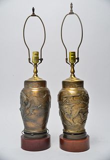 Asian Meiji Manner Brass Vases Table Lamps