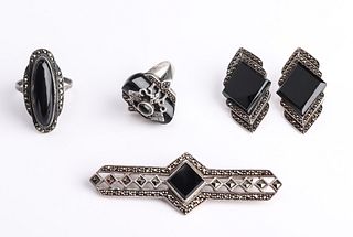 Vintage Silver Onyx and Marcasite Suite (4)