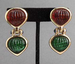 Vintage Gold Tone Colored Glass Clip-On Earrings