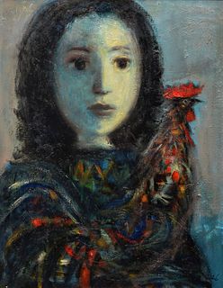 Hector Molne Painting, Portrait of Girl & Rooster