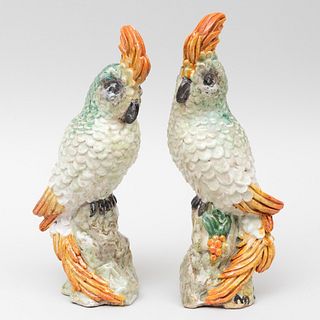 Pair of Continental Faience Sulpher Crested Cockatoos