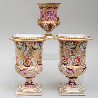 Pair of Derby Porcelain Vases and a Smaller Vase