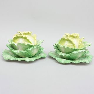 Pair of Mottahedeh Glazed Porcelain Cabbage Form Tureens and Underplates