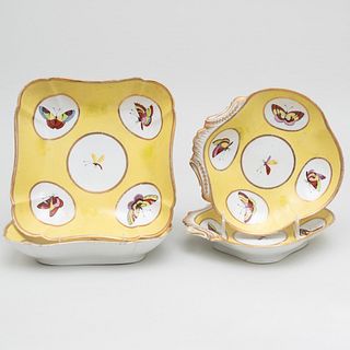 Group of Four English Porcelain Yellow Ground Serving Dishes Decorated with Butterflies