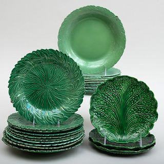 Group of Green Majolica Leaf Form Plates