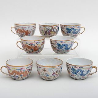 Group of Eight Chinese Export Famille Rose Porcelain Teacups Decorated with Dragons