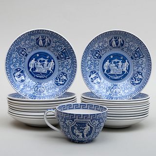 Set of Twenty Blue and White Transfer Printed Saucer Dishes and an Oversized Mug and Saucer in the 'Greek' Pattern