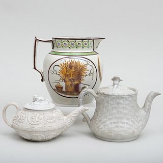 Wedgwood Porcelain Teapot, an English Basketweave Teapot and a Pearlware Jug 