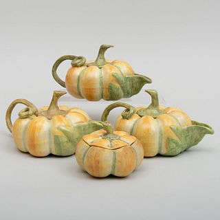 Three Italian Pottery Melon Form Teapots and a Sugar Bowl and Cover