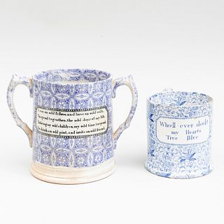 English Transfer Printed Twin Handled Loving Cup and a Smaller Mug