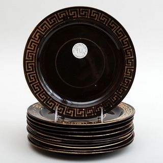 Set of Eleven English Brownware Plates with a Gilt Greek Key Pattern