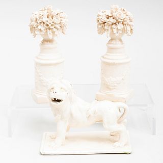 English Creamware Lion and a Pair of Creamware Urns with Flowers