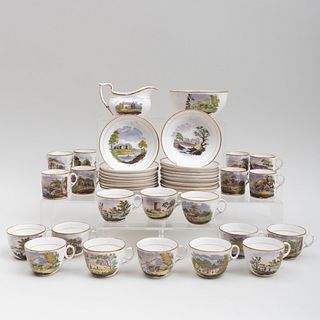 Set of English Transfer Printed and Enriched Porcelain Tea and Coffee Wares Decorated with Landscapes