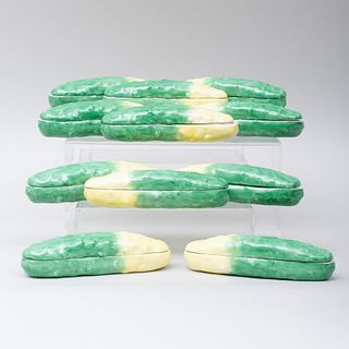 Group of Eleven Italian Porcelain Cucumber Form Boxes and Covers