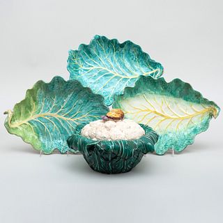 Group of Three Faience Leaf Form Dishes and a Cauliflower Tureen