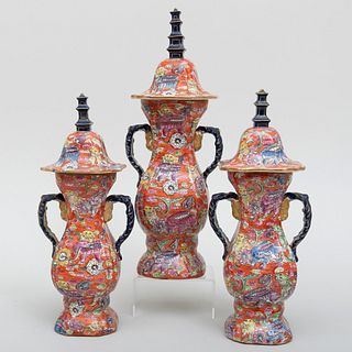English Ironstone Transfer Printed and Enriched Three Piece Garniture