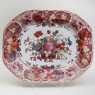 Mason's Ironstone Transfer Printed and Enriched Meat Platter Decorated with Flowers in a Basket