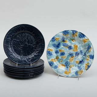 Set of Eight Blue Majolica Leaf Decorated Plates and a Larger Mottled Blue Plate